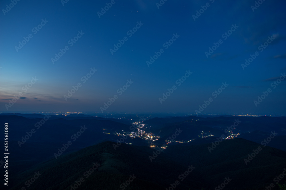 Beautiful night landscape, panorama of the small town of Yaremche in the Carpathian mountains