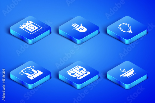 Set Aroma lamp, Independence day India, Instrument tabla, Monkey, Hamsa hand and Rosary beads religion icon. Vector