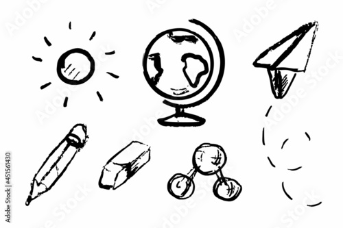 Hand Drawn Doodle School Supplies Isolated on White Background. Contains Such Elements as Paper Plane, Molecule, Eraser, Globe. Vector Illustration.
