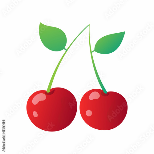 Red Cherries in Cartoon Style Isolated on White Background. Flat Single Fruit. Bright Artwork. Vector illustration.