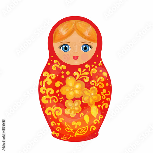 Beautiful Matryoshka Isolated on White Background. Russian Doll in Watercolour Hand Drawn Style. Vector Illustration