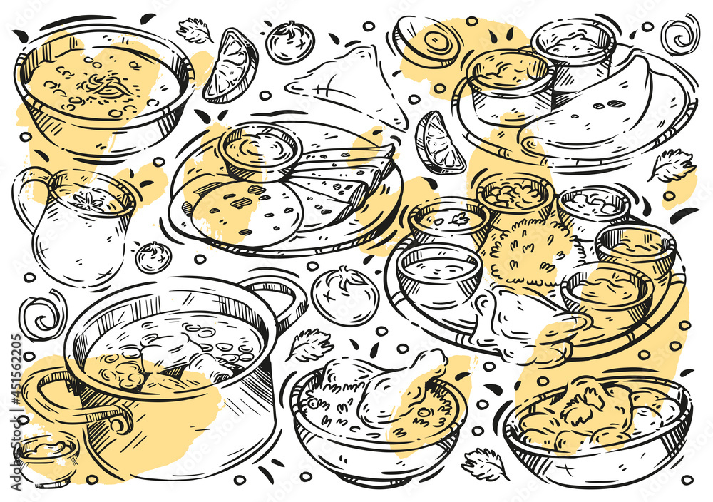 Hand drawn vector line illustration food on white board. Doodle Indian cuisine: dosa, vindaloo, hyderabadi biryani, basmati rice, samosa, masala tea, dosa, chapati, chicken curry - obrazy, fototapety, plakaty 