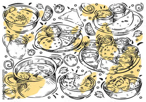 Hand drawn vector line illustration food on white board. Doodle Indian cuisine: dosa, vindaloo, hyderabadi biryani, basmati rice, samosa, masala tea, dosa, chapati, chicken curry