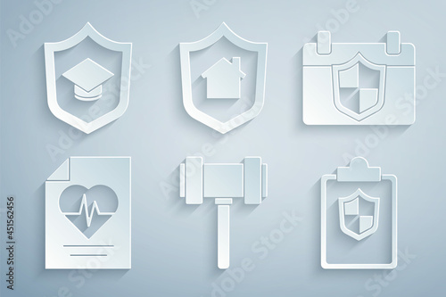 Set Judge gavel, Calendar with shield, Health insurance, Document, House and Graduation cap icon. Vector