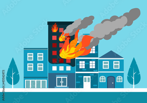 Fire burning residential apartment building. Orange flames in the windows and smoke. Building fire flat design vector illustration.