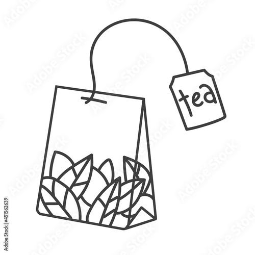 The tea bag isolated on white background. Vector illustration. Line art, doodle style, clip art. Restaurant, cafe, menu, leaves, food, drinks, green, black, brew, boiled water.