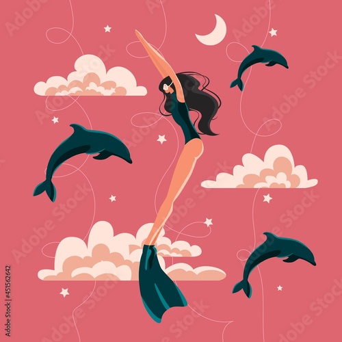 Woman freediver swimming around dolphins, stars, clouds. Isolated on pink background. Vector illustration. Flat style. Dream, sky, moon, underwater, deep, monofin, wetsuit, girl, mask, traveling.