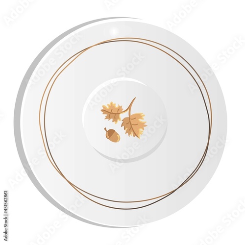 Empty plate, dish, cap with floral ornament. Isolated on white background. Home, restaurant, cafe design. Interior, circle, botanical, floristic, flowers, gloss, polish, food, kitchen, cooking.