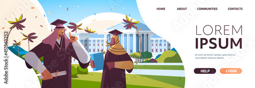 arab graduated students standing together near university building graduates celebrating academic diploma degree