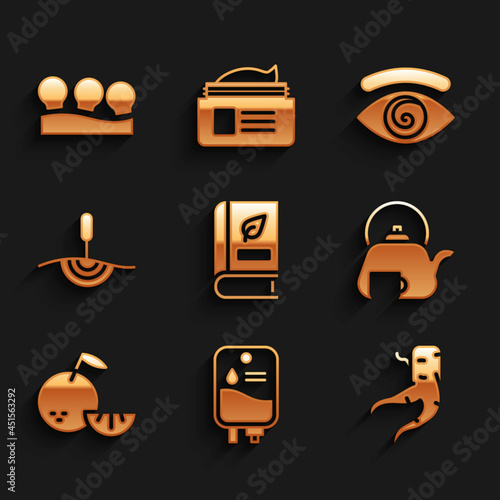 Set Medical book, IV bag, Ginger root, Teapot with cup, Citrus fruit, Acupuncture therapy, Hypnosis and Vacuum cans icon. Vector