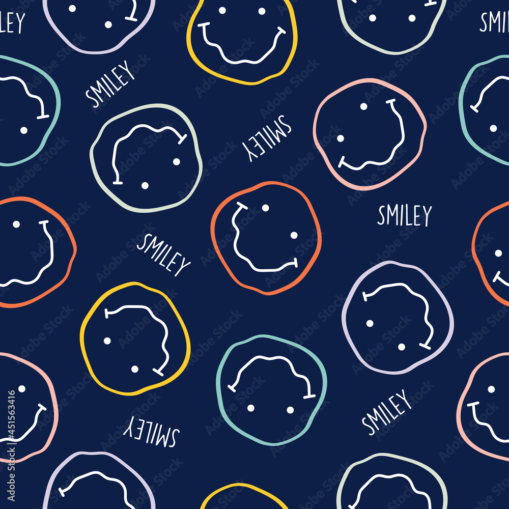 Vector seamless pattern with happy smileys colorful. Smiling emoticons. Hand drawn trendy Vector illustration for kids. Good for Fabric, textile, giftware, wallpaper, for book design and more