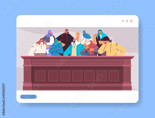 arabic jurors sitting in jury box law court trial session online judging process concept courtroom interior