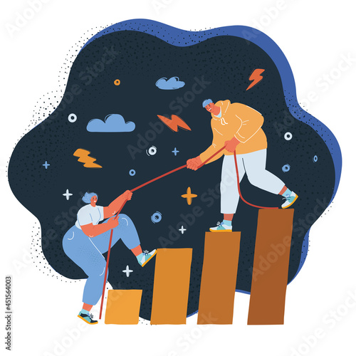 Vector illustration of Couple Balancing at High Level. Man hel woma get better. Character over dark backround.