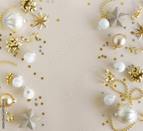 Christmas background . Xmas or New Year decorations in white gold colors fram...