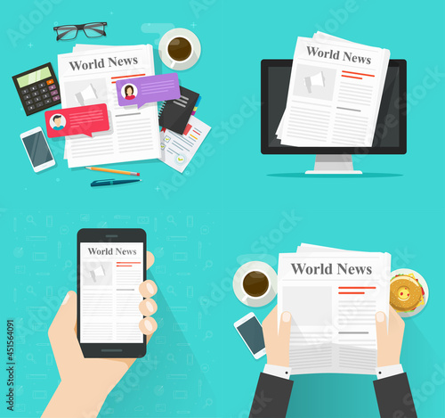 Newspaper on table desk and news paper online digital on computer screen and mobile cell phone app flat cartoon vector illustration, person man reading press media on cafe as coffee break idea