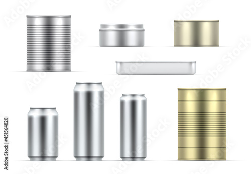 Collection realistic metal tin can vector illustration storage container for products conservation