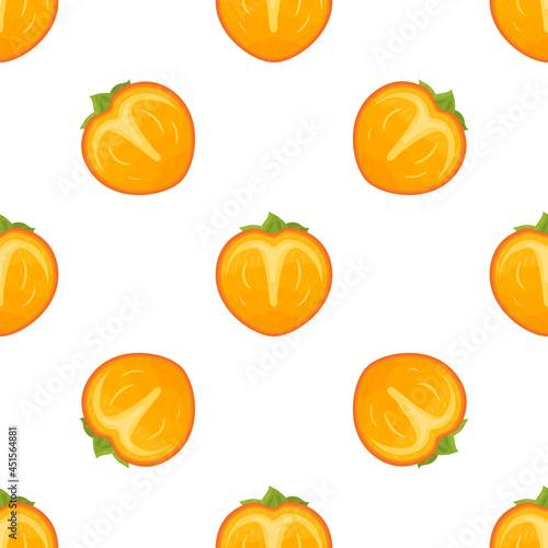 Seamless pattern with fresh half cut persimmon fruit isolated on white background. Summer fruits for healthy lifestyle. Organic fruit. Cartoon style. Vector illustration for any design.