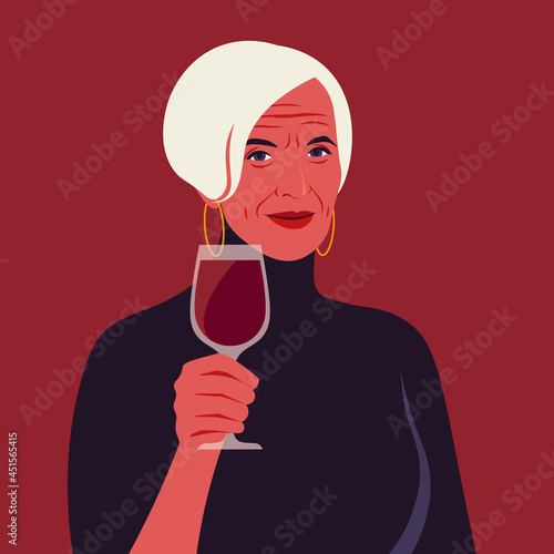 An elderly woman is holding a glass of a red wine. A portrait of the sommelier. Vector flat illustration