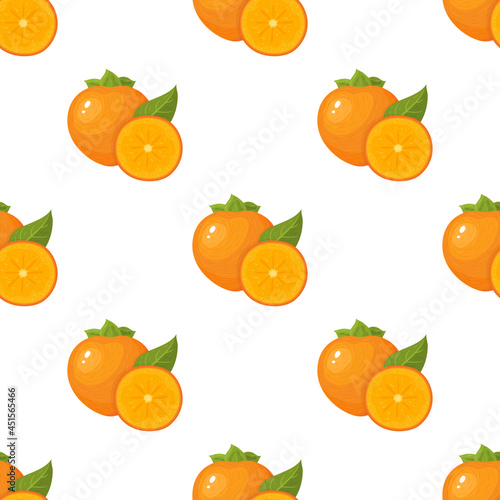 Seamless pattern with fresh bright persimmon fruit isolated on white background. Summer fruits for healthy lifestyle. Organic fruit. Cartoon style. Vector illustration for any design.