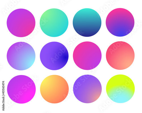 Rounded holographic gradient sphere. Multicolor green purple yellow orange pink cyan fluid circle gradients  colorful soft round buttons or vivid color spheres flat set.