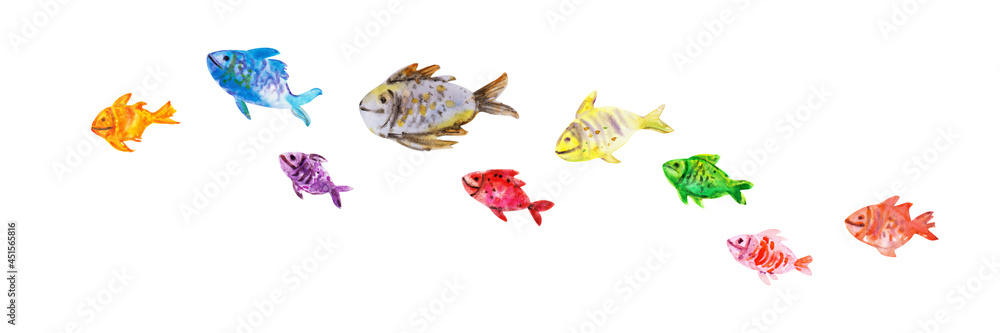 Hand drawn watercolor set of sea underwater animals. Kids drawing whale, fish, waves, sea and sand textures