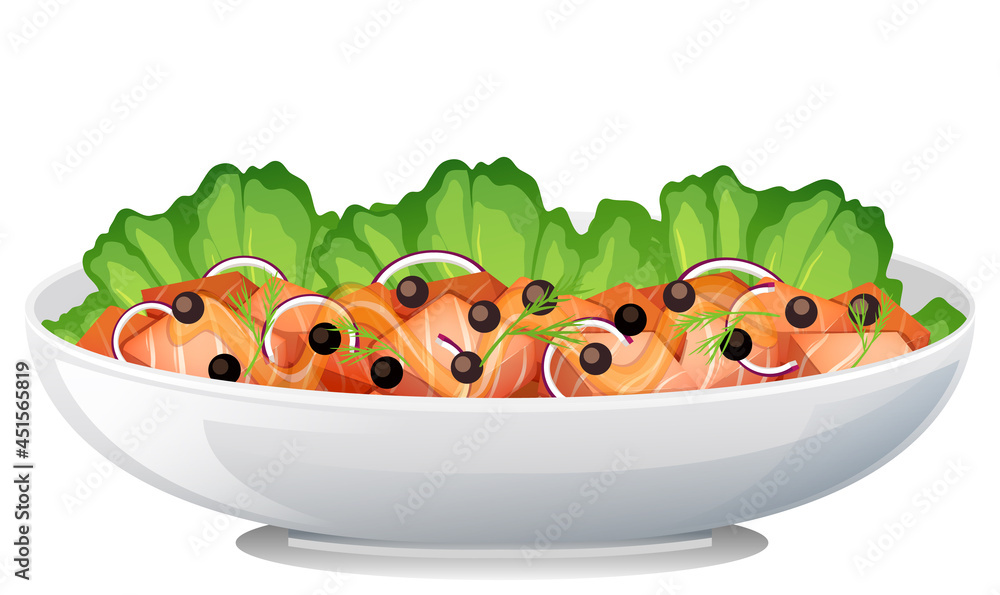 Side view of salmon salad bowl isolated