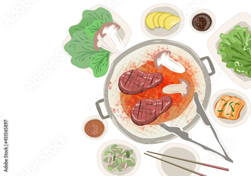 Set of beef bulgogi bbq with side dishes on white background. beef bbq on the grill and mushrooms, vegetables, kimchi and other Korean food. bulgogi bbq top view vector illustration.     
