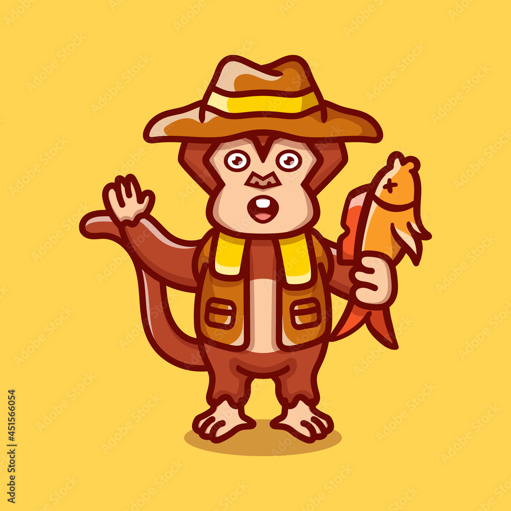 Obraz premium cute monkey illustration catching fish