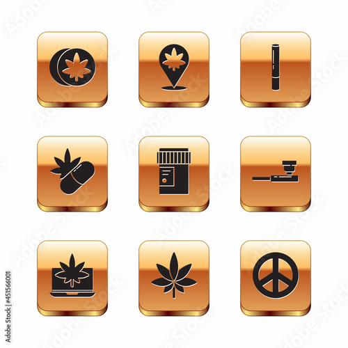 Set Herbal ecstasy tablets, Laptop and marijuana or cannabis, Marijuana leaf, Medical bottle with, pills, joint, Peace and Location icon. Vector