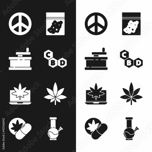 Set Cannabis molecule, Manual grinder, Peace, Plastic bag of cannabis, Laptop and marijuana or, Marijuana leaf, Glass bong for smoking and Herbal ecstasy tablets icon. Vector