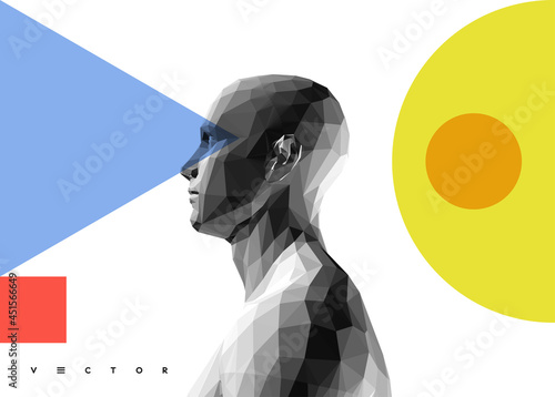 Polygonal human head side view. Cover design template. Minimalistic design for business presentation, placard, banner, cover, brochure or notebook. 3d vector illustration with place for text.