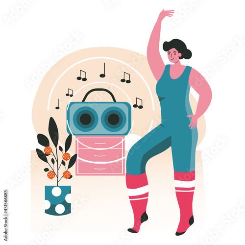 People do their favorite hobby scene concept. Woman dancing at home at room with record player. Dancer training in dance studio people activities. Vector illustration of characters in flat design