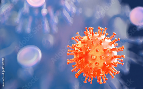 3d rendering of Coronavirus COVID-19 and blood cell under the microscope. 3d illustration