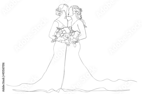 Two women in wedding dresses are getting married, holding a bouquet of flowers. One line art.