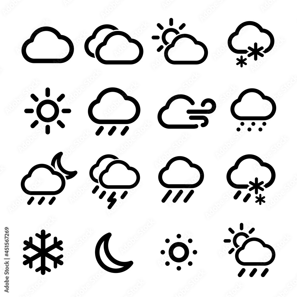 Wheather icon set. Cloudy, suuny, rainy. Vector illustration in outline style Wheather icon set. Cloudy, suuny, rainy. Vector illustration in outline style