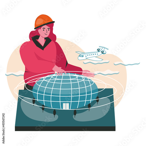 Architect creates model of building scene concept. Woman engineer in helmet making project plan. Construction of design buildings people activities. Vector illustration of characters in flat design