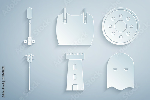 Set Castle tower, Round wooden shield, Medieval chained mace ball, Executioner mask, Body armor and Torch flame icon. Vector