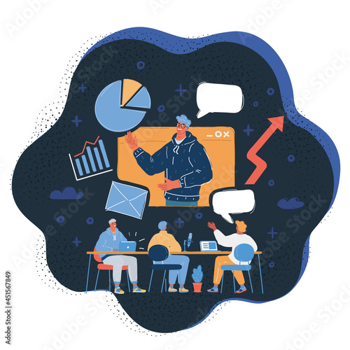 Vector illustration of conference team call meeting at the video projection screen.