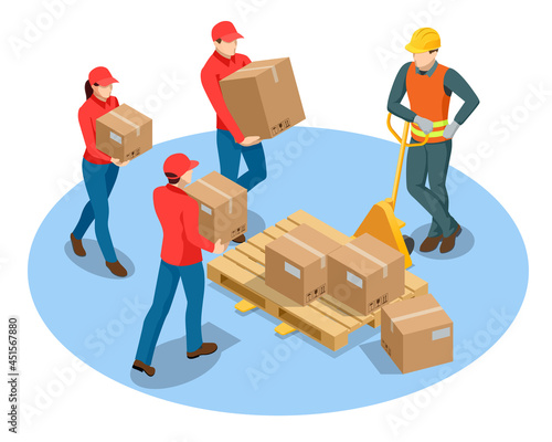 Isometric Cardboard boxes on trolley in warehouse. Man and woman workers working in industrial factory or warehouse.