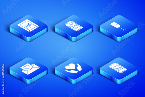 Set Mobile with heart, Picture frame, Heart in hand, Envelope Valentine, and Wine glass icon. Vector