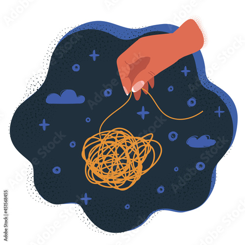 Vector illustration of hands trying to untangle the tangled thread on dark backround.