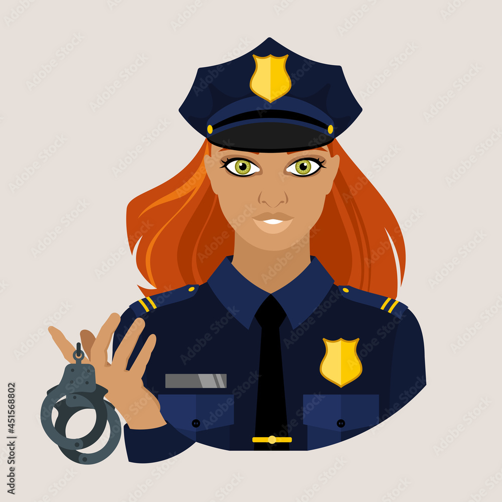 Avatar of a woman in police uniform and glasses with handcuffs in her hands. Policeman. Flat vector illustration.