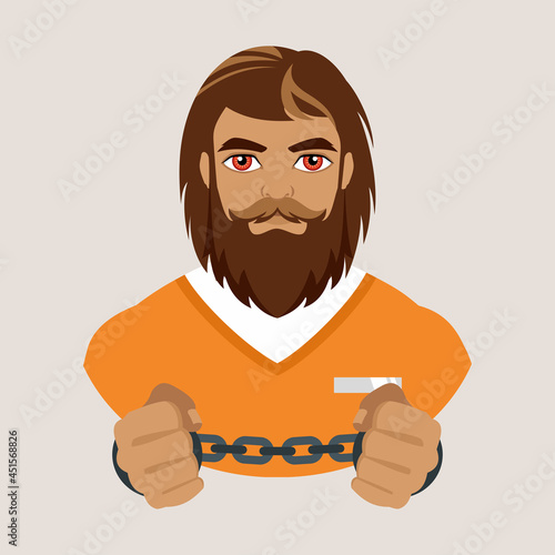 Avatar of a man with a beard in an orange prison robe and handcuffs on his wrists. Criminal. Flat vector illustration.