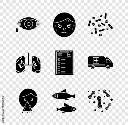 Set Reddish eye allergic conjunctivitis, Man with excessive sweating, Medicine pill or tablet, Handkerchief to his runny nose, Fish, Bacteria, Lungs and Clinical record icon. Vector