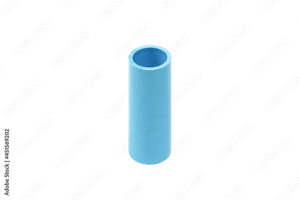 Blue PVC socket for water supply pipe fitting on white background isolated. Blue PVC socket for water supply pipe fitting on white background isolated.