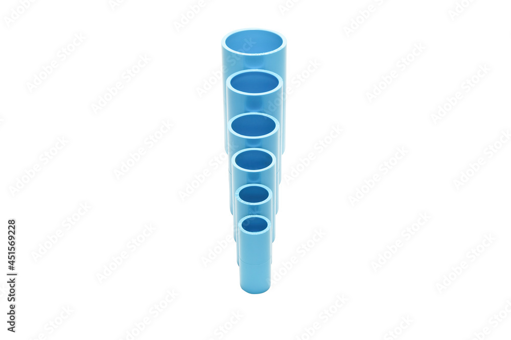 multiple sizes of Blue PVC socket for water supply pipe fitting on white background isolated. multiple sizes of Blue PVC socket for water supply pipe fitting on white background isolated.