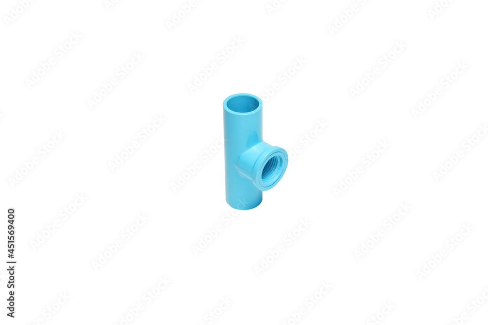 Blue PVC 90 degree faucet Three way for water supply pipe fitting on white background isolated. Blue PVC 90 degree faucet Three way for water supply pipe fitting on white background isolated.