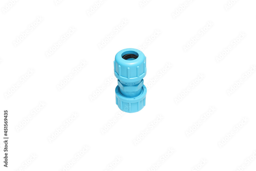 Blue PVC compression union for water supply pipe fitting on white