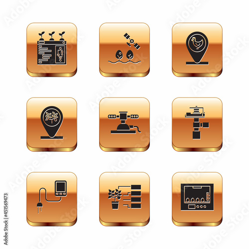 Set Smart farming technology, Sensor, Flower analysis, Automatic irrigation sprinklers, Location and tree, Chicken location, Incubator for eggs and with drone icon. Vector
