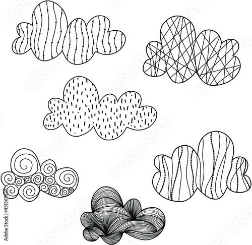 Clouds Rain doodle illustration. Black and white Vector image clouds Rain